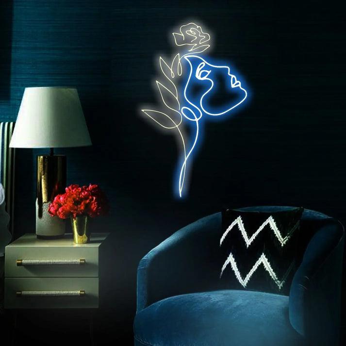 Floral Face Neon Sign – Elegant Line Art LED Wall Light - Neon Boards