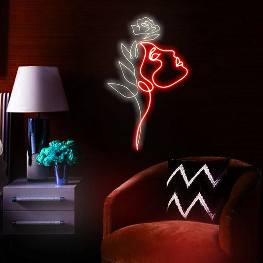 Floral Face Neon Sign – Elegant Line Art LED Wall Light