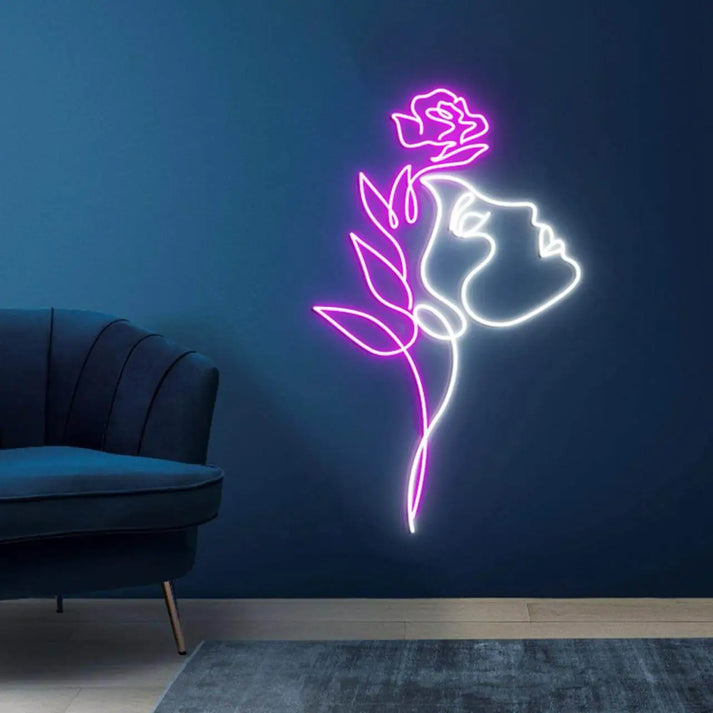 Floral Face Neon Sign – Elegant Line Art LED Wall Light